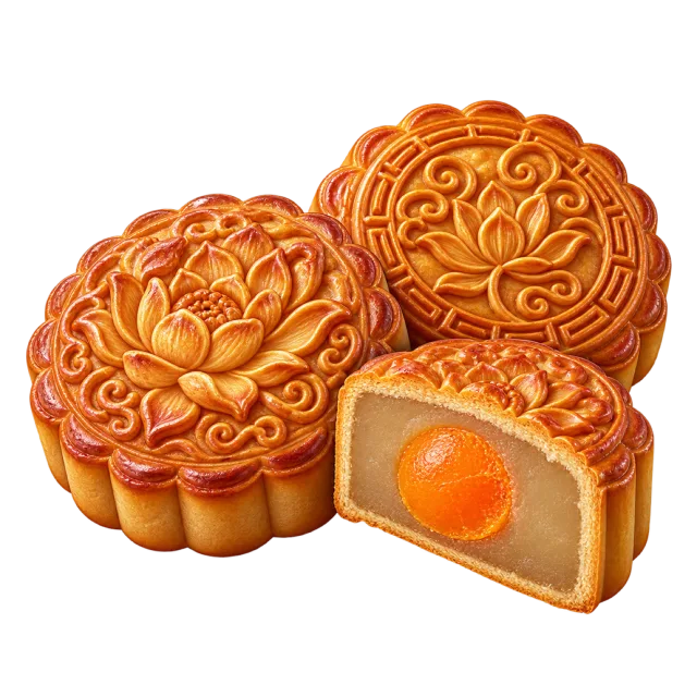 Patterned golden mooncakes with a cut piece showing the filling