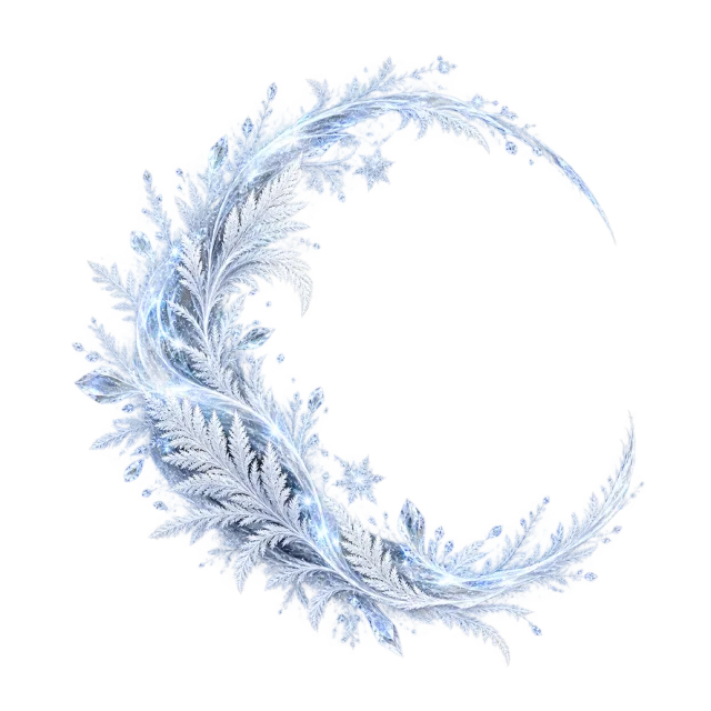 White frost-fern crescent with small snowflakes