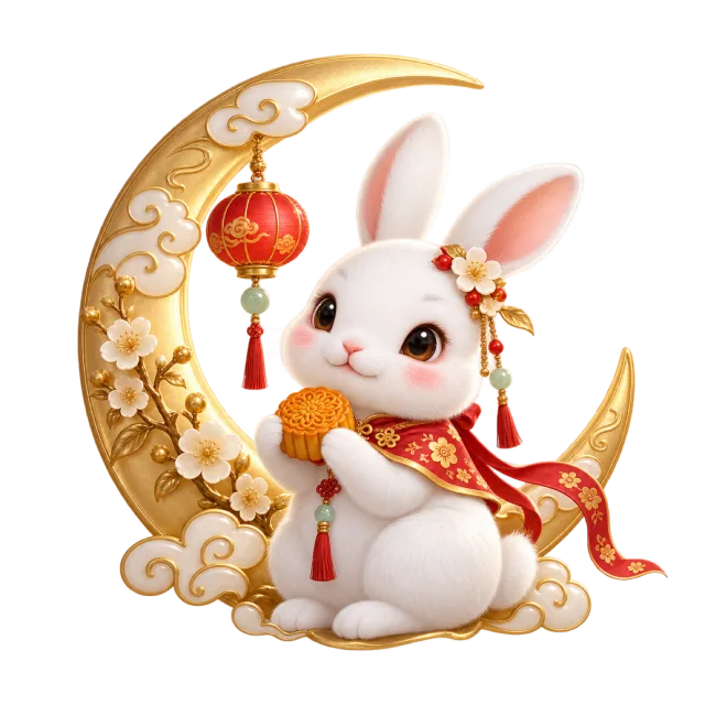A white rabbit with a red scarf sitting beside a decorated gold crescent and lantern