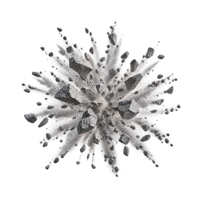 Gray stone fragments bursting radially