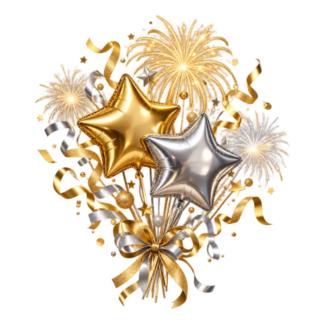 Gold and silver star balloons surrounded by golden fireworks and curled ribbons