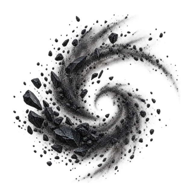 Dark charcoal fragments sprayed around a spiral