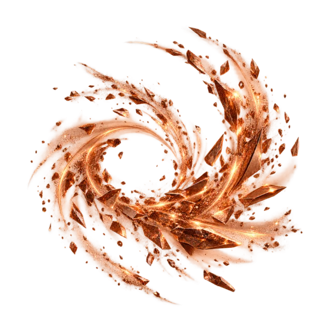 Copper-colored shards scattering along a curve