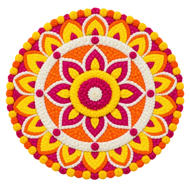 A symmetrical circular flower arrangement in yellow, orange, pink and white