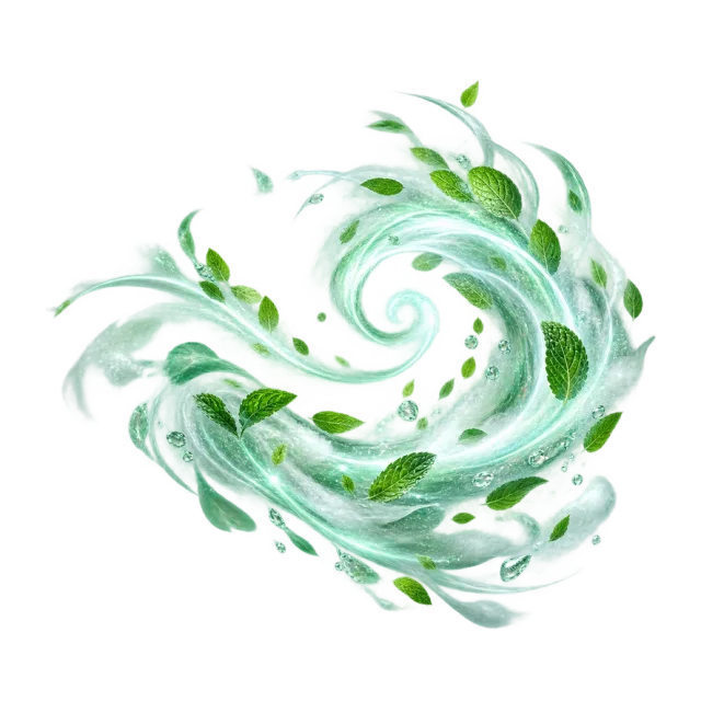 Mint wind gust with floating green leaves