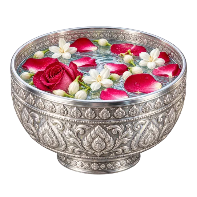 An engraved silver bowl of water holding floating rose petals and white flowers