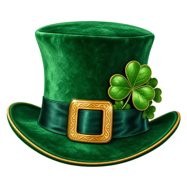 A green velvet top hat with a gold buckle and shamrock decoration