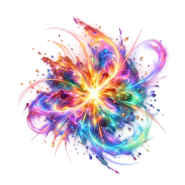 Rainbow particle bloom radiating from a bright center