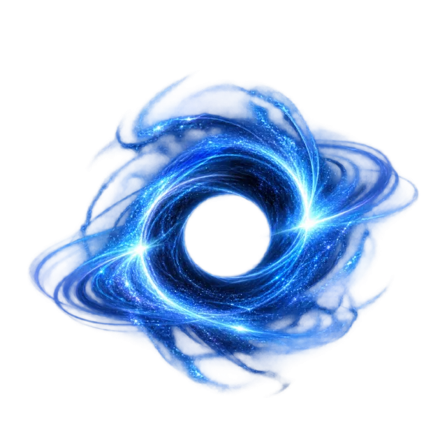 Deep blue lens-like ring with orbiting light trails