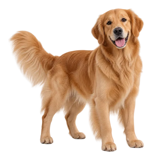Realistic-style illustration of golden retriever with golden fur, floppy ears and a feathery tail