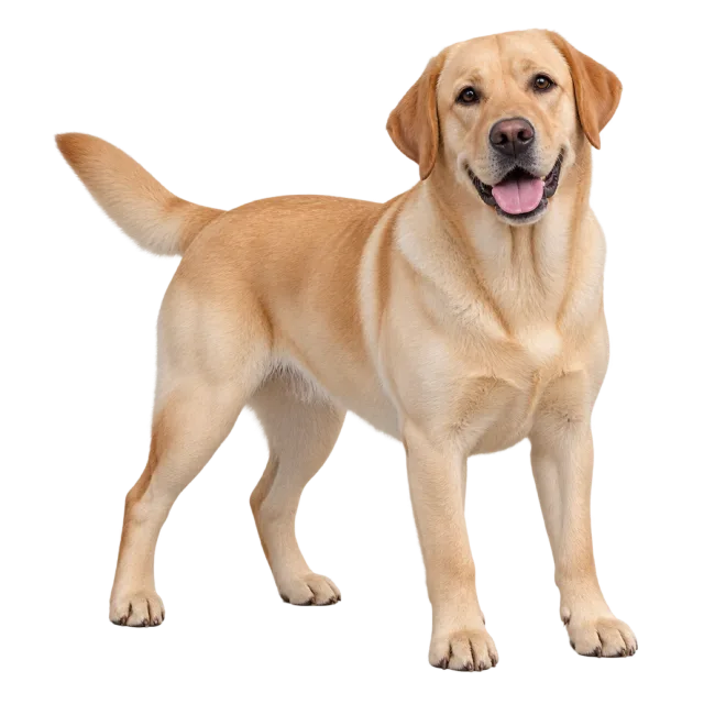 Realistic-style illustration of labrador retriever with pale golden fur and floppy ears