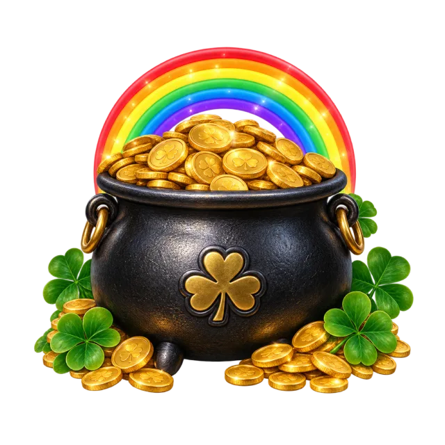 A black pot overflowing with gold coins beneath a rainbow and surrounded by shamrocks