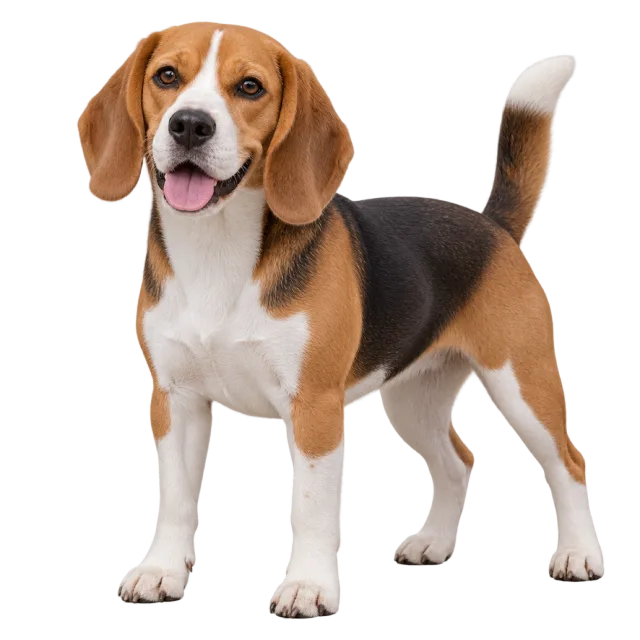 Realistic-style illustration of beagle with brown, black and white fur with long ears