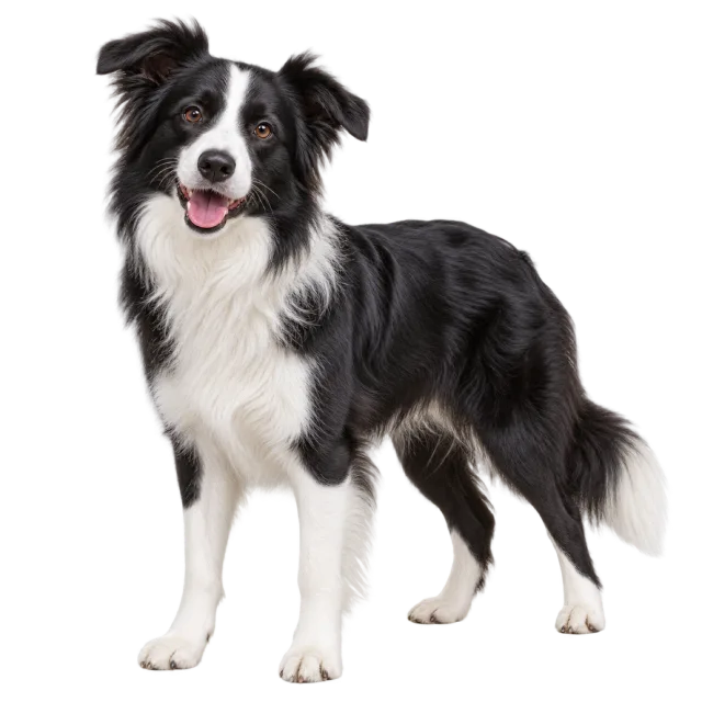 Realistic-style illustration of border collie with black and white fur with a fluffy tail