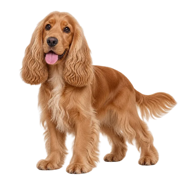 Realistic-style illustration of cocker spaniel with copper-colored fur and long wavy ears