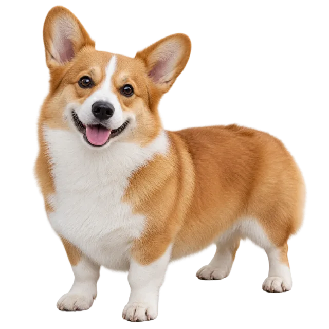 Realistic-style illustration of pembroke welsh corgi with tan and white fur with short legs