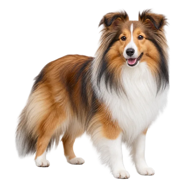 Realistic-style illustration of shetland sheepdog with long sable fur and a white chest