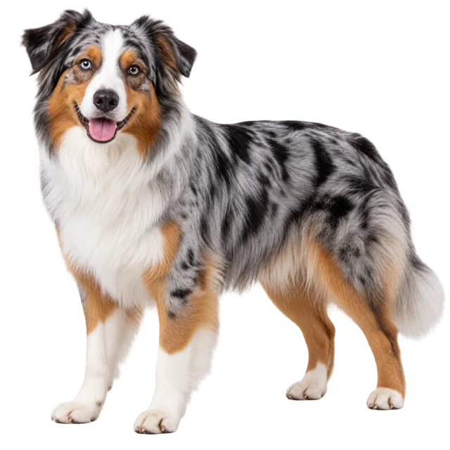 Realistic-style illustration of australian shepherd with mottled gray, black and tan fur