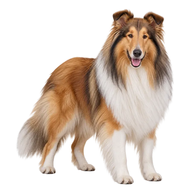 Realistic-style illustration of rough collie with long golden-brown fur and a white ruff
