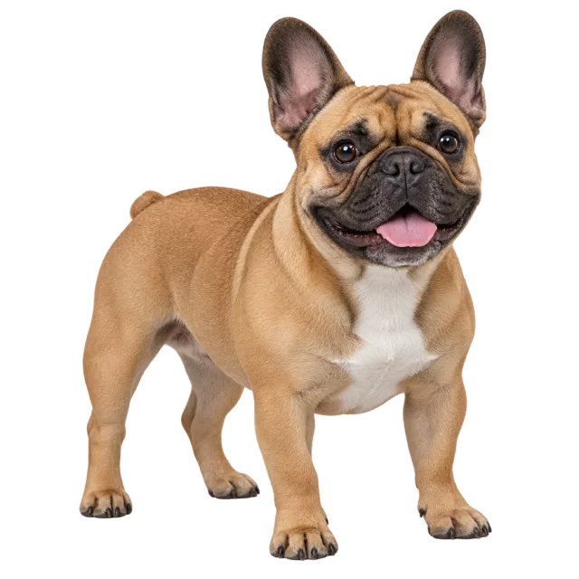 Realistic-style illustration of french bulldog with tan fur, a dark muzzle and upright ears