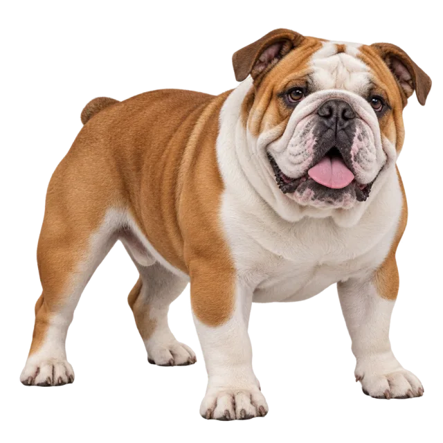 Realistic-style illustration of english bulldog with brown and white fur with a wrinkled face