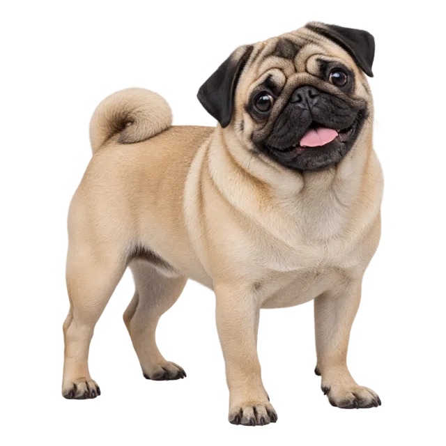 Realistic-style illustration of pug with cream fur, a dark muzzle and a curled tail