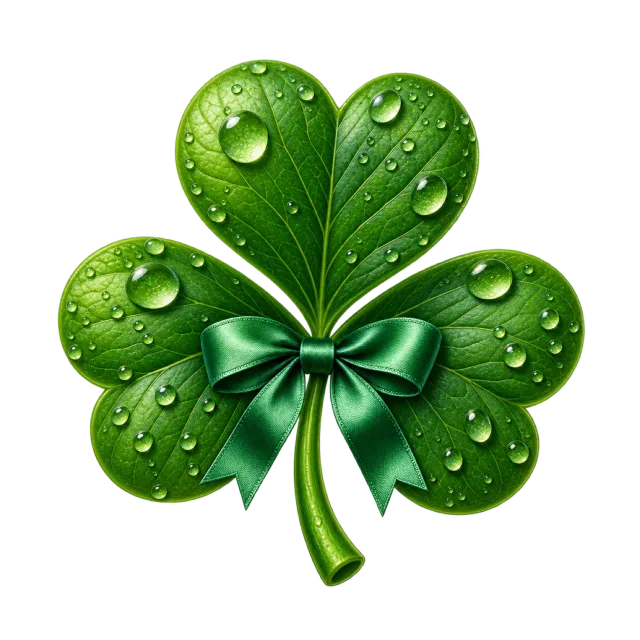 A three-leaf green shamrock decorated with a small bow and water droplets