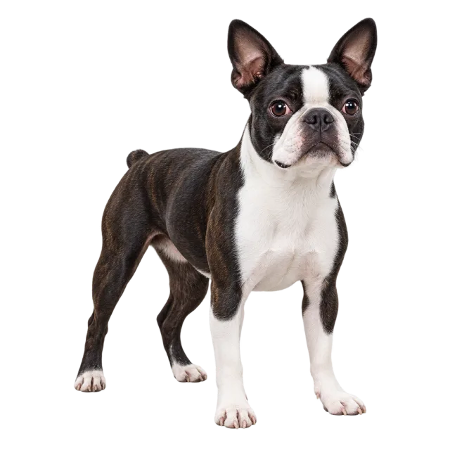 Realistic-style illustration of boston terrier with black and white fur with pointed ears
