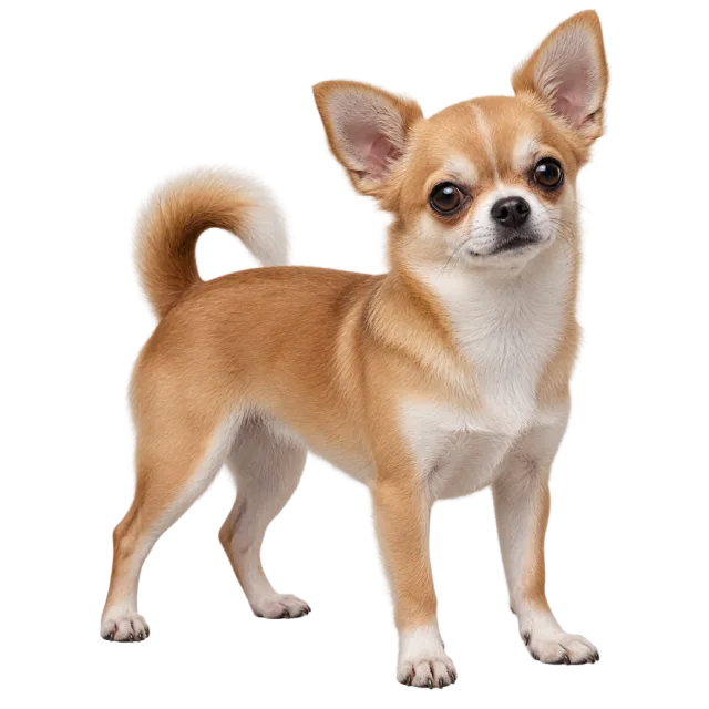 Realistic-style illustration of chihuahua with tan fur, large ears and a curved tail