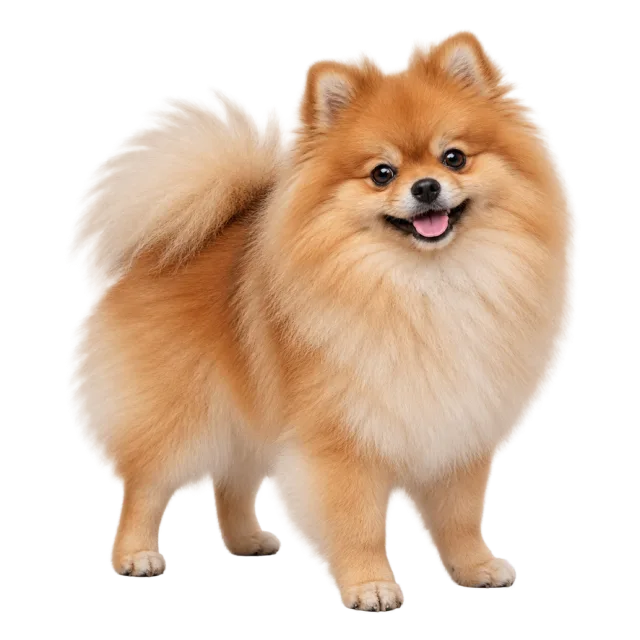 Realistic-style illustration of pomeranian with fluffy orange fur and a curled tail