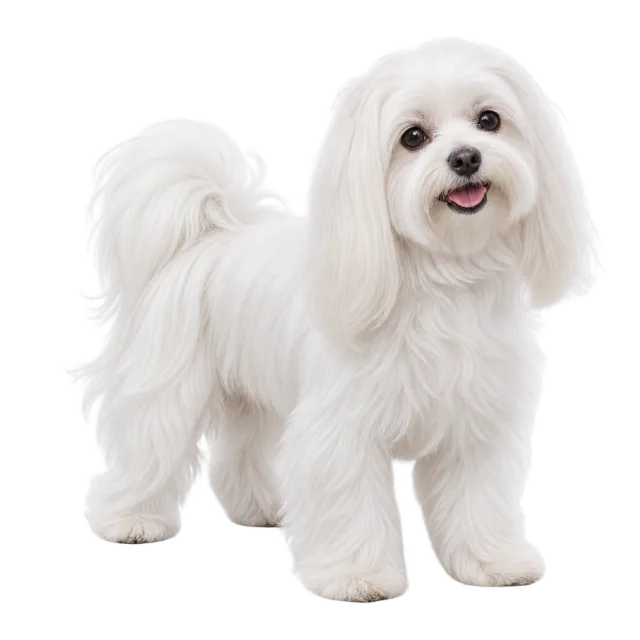 Realistic-style illustration of maltese with long white fur and dark eyes