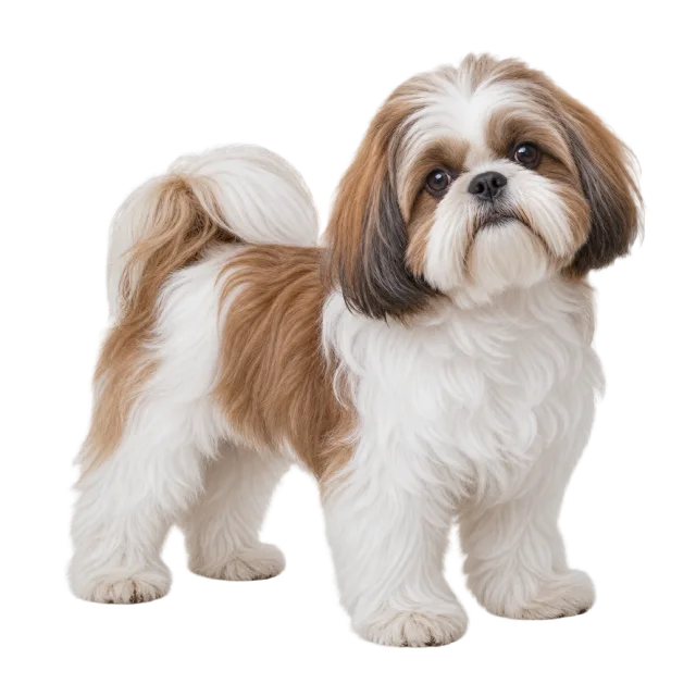 Realistic-style illustration of shih tzu with brown and white fur around a rounded face