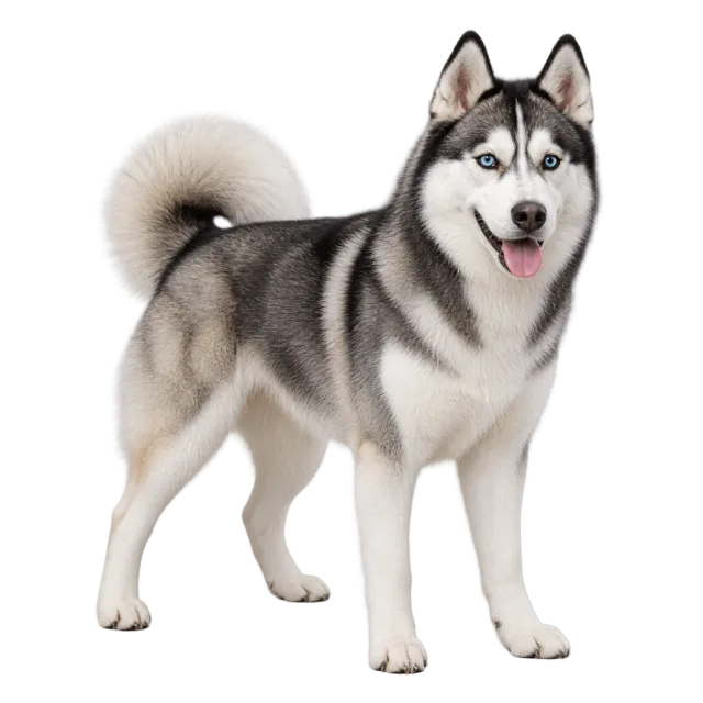 Realistic-style illustration of siberian husky with black and white fur with a curled tail