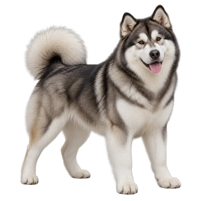 Realistic-style illustration of alaskan malamute with dense gray and white fur