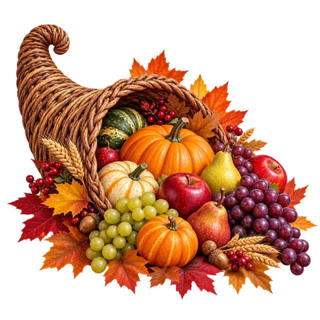 A woven horn basket overflowing with pumpkins, grapes, fruit and autumn leaves