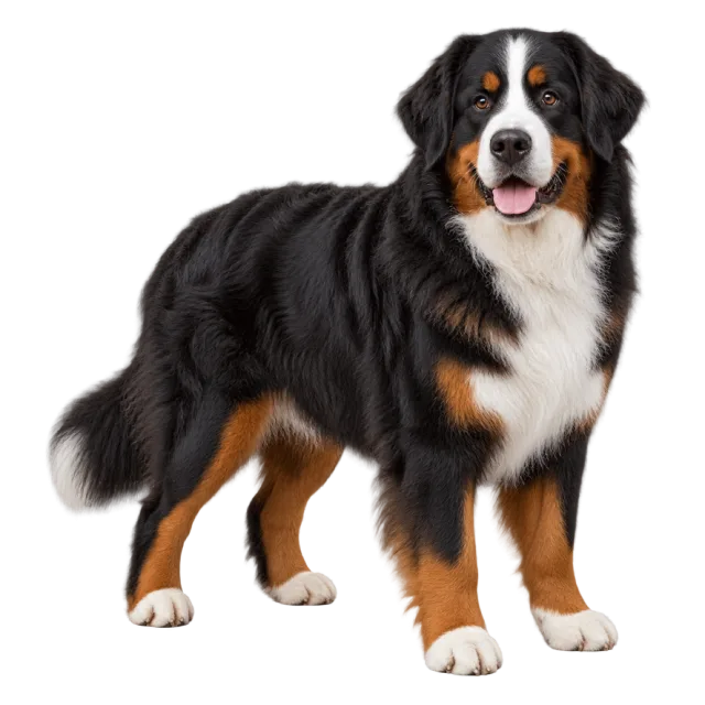 Realistic-style illustration of bernese mountain dog with black, brown and white fur