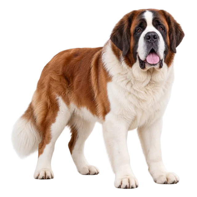 Realistic-style illustration of saint bernard with brown and white fur with dark facial markings