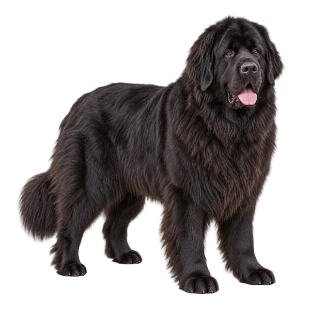 Realistic-style illustration of newfoundland dog with long black fur and a broad head
