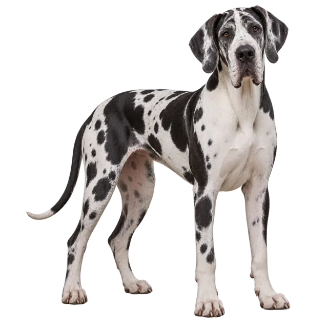 Realistic-style illustration of great dane with black patches on a white coat