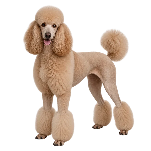 Realistic-style illustration of standard poodle with clipped curls and fluffy ankle tufts