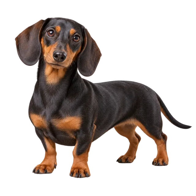 Realistic-style illustration of dachshund with a long body, short legs and floppy ears