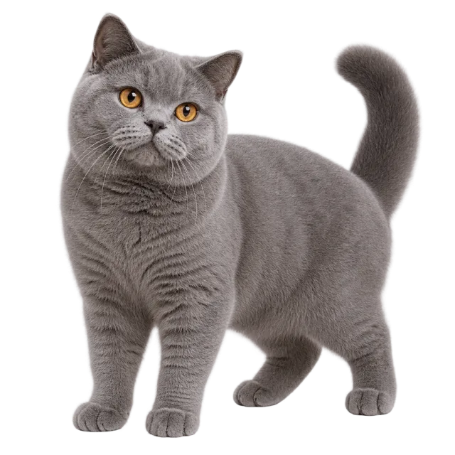 Realistic-style illustration of british shorthair cat with a plush gray coat and golden eyes
