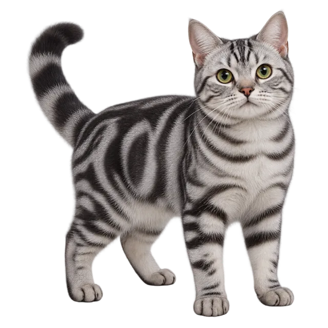 Realistic-style illustration of american shorthair cat with bold dark stripes on silver-gray fur