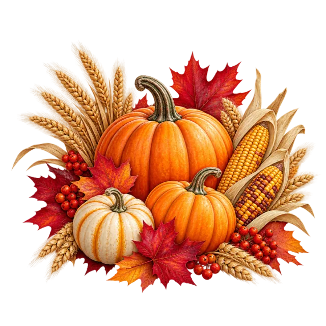 Orange and white pumpkins arranged with wheat stalks, corn and colorful leaves