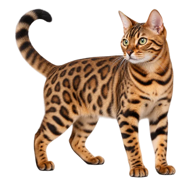 Realistic-style illustration of bengal cat with brown fur patterned with dark rosettes