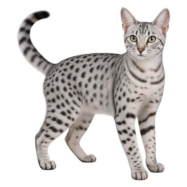 Realistic-style illustration of egyptian mau cat with silver fur with dark spots and a ringed tail