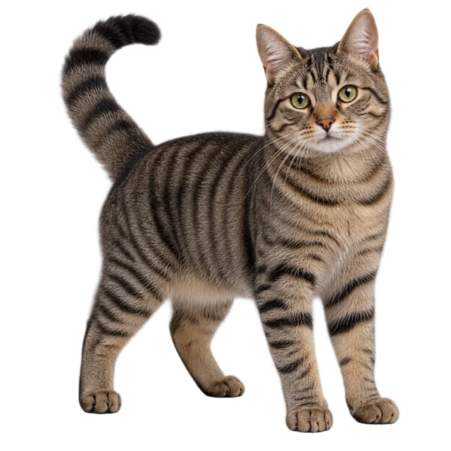 Realistic-style illustration of european tabby cat with brown striped fur and a ringed tail
