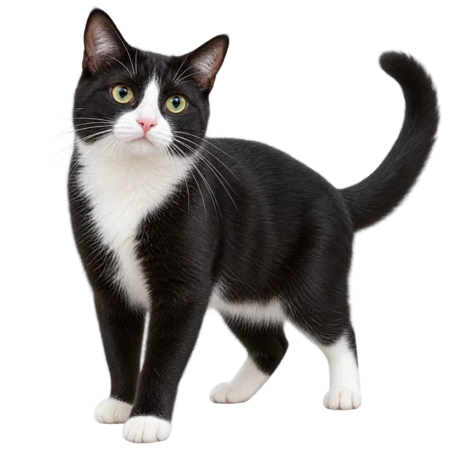 Realistic-style illustration of tuxedo domestic cat with black fur with a white chest and paws