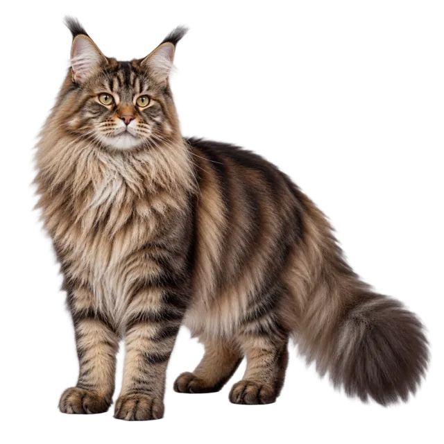 Realistic-style illustration of maine coon cat with long striped fur and tufted ears
