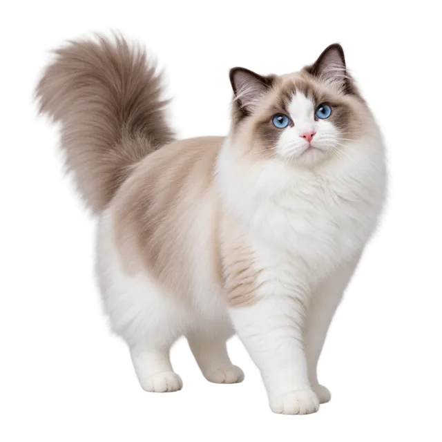Realistic-style illustration of ragdoll cat with cream fur, blue eyes and a darker tail